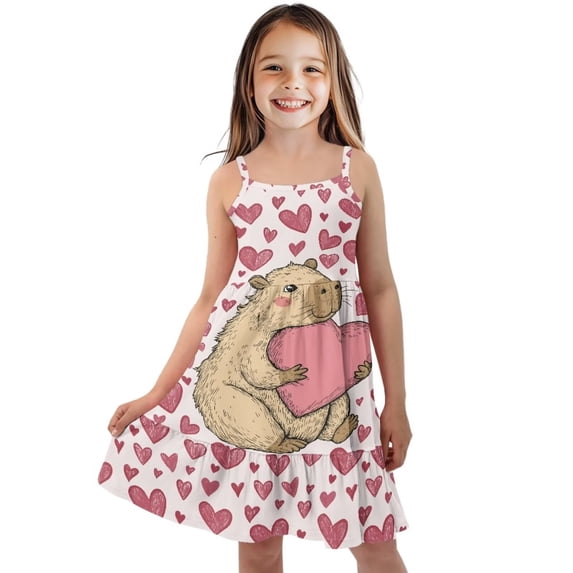 Uourmeti Capybara and Pink Love Print Girls Summer Dresses Cute Spaghetti Strap Flowy Tiered Dress 5-6T Kids Kawaii Clothes Causal A Line Midi Dress for Party School Beach