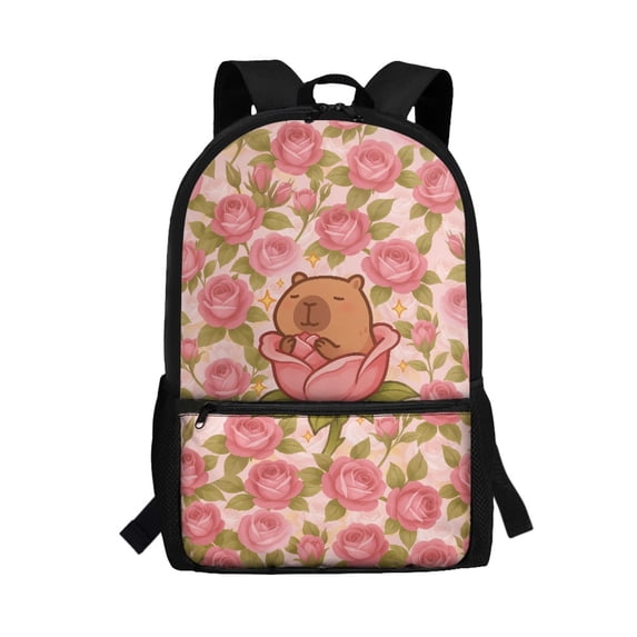 Uourmeti Capybara Rose Design Adjustable Padded Straps Backpack, 17 Inch Large Capacity Student Bookbag Personalized School Backpack for Students