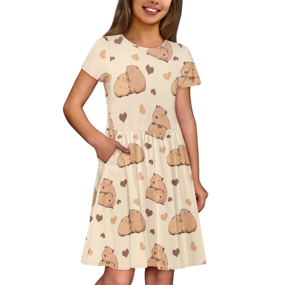 Uourmeti Capybara Short Sleeve Swing Dress for Girls Cute Animal Print O Neck Knee A-Line Dresses with Pockets Trendy Wedding Party Dress