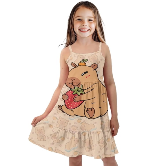 Uourmeti Capybara Summer Dresses for Girls 3-14 Cute Spaghetti Strap Swing Sundress Loose Cartoon Clothes Cute Kids A-Line Tiered Dresses for Party School