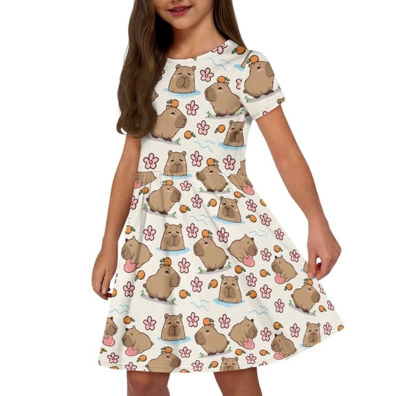 Uourmeti Capybara Sundress for Girls Cute Swing Dress Summer Short Sleeve Crew Neck Knee Length A-Line Dresses with Pockets