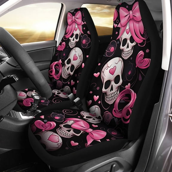 Uourmeti Car Accessories Gothic Skull Pink Bow Tie Print Car Seat Covers for Women Men Durable Front Bucket Seat Cover Protection Universal Fit Trucks SUV Van Car Decor