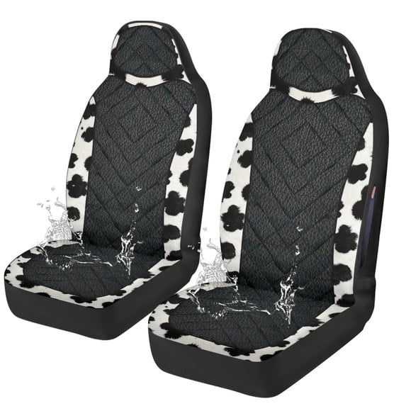 Uourmeti Car Front Seat Covers with Cow Print Pattern, 2 Piece Polyester Fabric Set, Washable Removable Covers for Auto SUV and Van