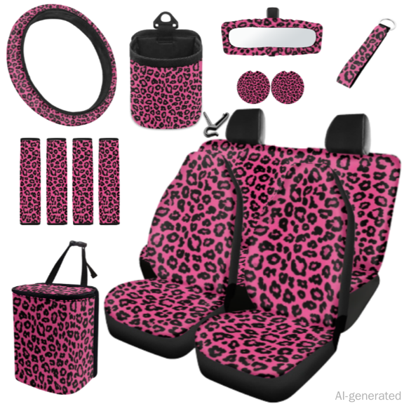 Uourmeti Car Seat Cover Protector Set, with Car Steering Wheel Cover Car Rear View Mirror Cover Key Pendant, 15 Packs Pink Leopard Pattern Auto Seat Covers Full Set