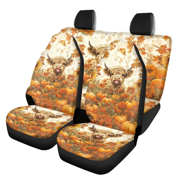 Uourmeti Car Seat Covers Full Set Car Front Seats Polyester, Compatible with Vehicle Seats SUV Seats, for Trucks Cars, Highland Cattle Pumpkin