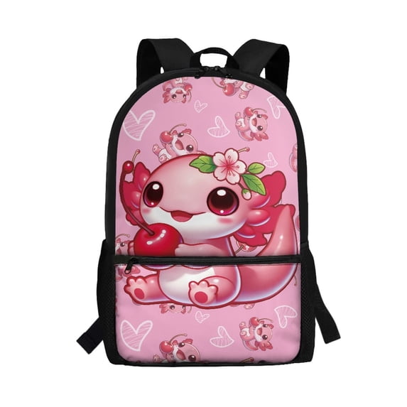 Uourmeti Cartoon Axolotl with Cherry & Heart Durable School Backpack for Work Hiking, Lightweight Stylish Student Bookbag Smooth Zipper Shoulder Backpack