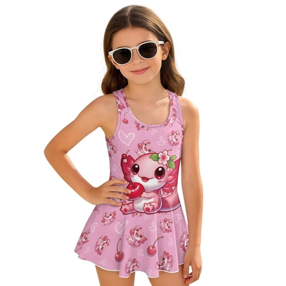 Uourmeti Cartoon Axolotl Cherry Heart Print Girls' Skirted One-Piece Swimsuit - Quick Dry, Stretchy Swim Dress for Pool & Beach Vacations
