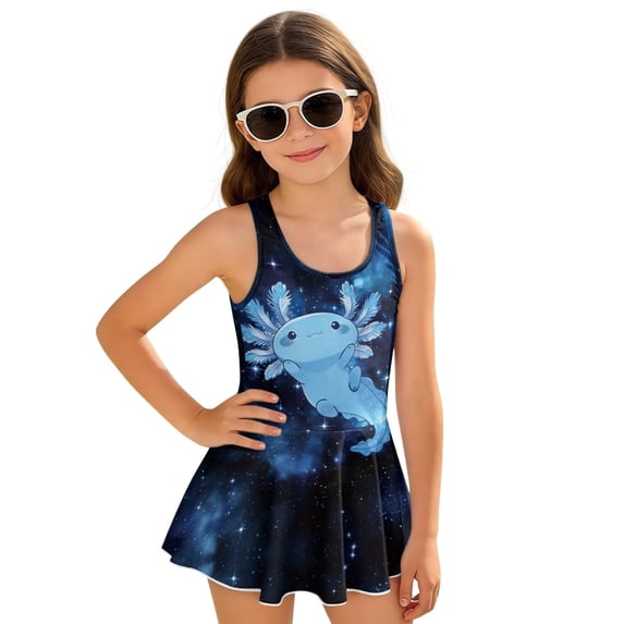 Uourmeti Cartoon Axolotl Galaxy Starry Swim Dress for Girls - Sleeveless One Piece Skirted Bathing Suit, Quick Dry & Stretchy for Beach Pool Vacation
