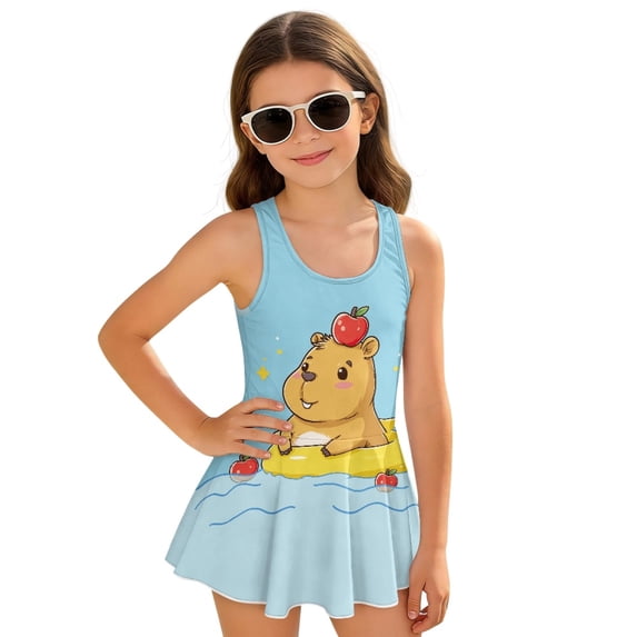 Uourmeti Cartoon Capybara & Apple Print Skirted One-Piece Swimsuit for Girls - Quick Dry, Stretchy Swim Dress for Beach & Pool Vacations