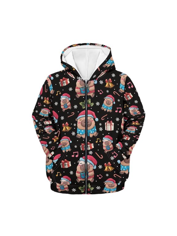 Cartoon Capybara Christmas Gifts Kids Zip Up Hoodie with Pockets Long Sleeve Soft Comfy Casual Outerwear for School Travel Size 6-9