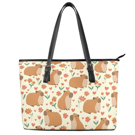 Uourmeti Cartoon Capybara & Floral Heart Pattern Handbag, Leather Tote Bag for Shopping, Large Capacity Waterproof Saddle Handbag