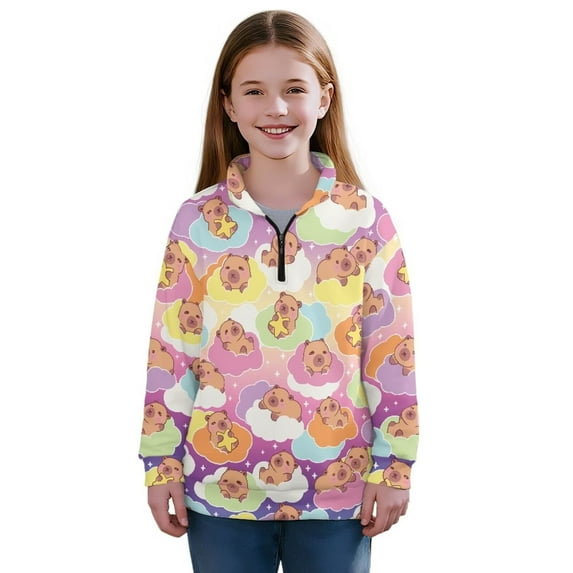 Uourmeti Cartoon Capybara Rainbow Youth Girls Fall Pullover Half Zip Sweatshirt Long Sleeve Pullover Sweatshirts Comfy Casual Lightweight for School 5-14 Size 7-8