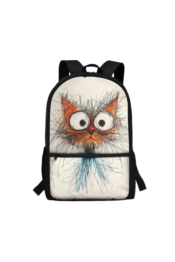 Cartoon Cat Orange Ears Polyester Backpack, Rich Texture Student Bookbag 17 Inch Side Mesh Pockets School Backpack for Vacation Travel