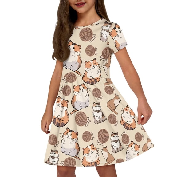 Uourmeti Cartoon Cats Kids Dresses for Girls 13-14Y Summer Cute Short Sleeve Swing Dress Casual Loose Crewneck Knee Length A-Line Dresses Trendy Midi Dress