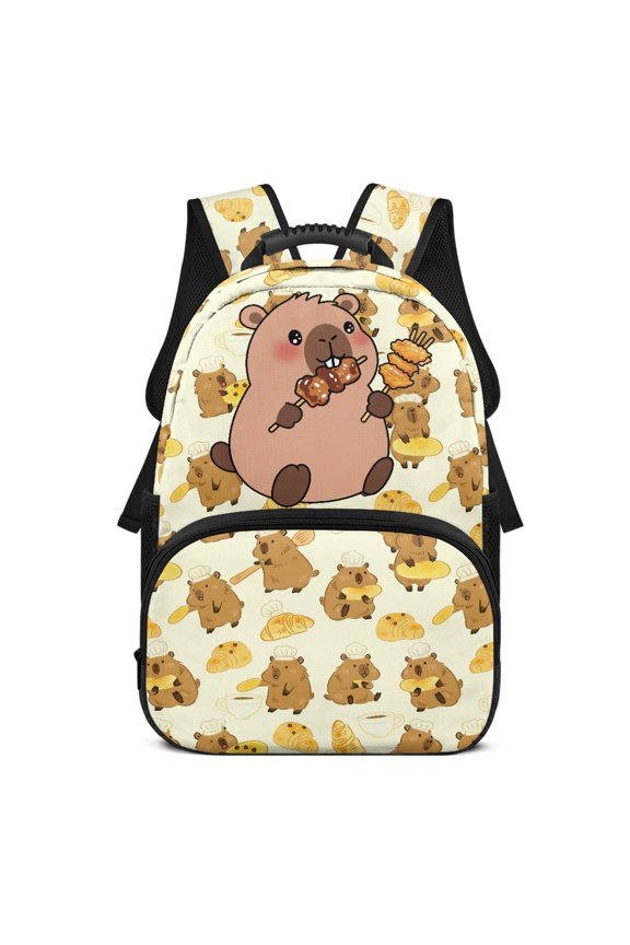 Cartoon Chef Capybara with Bakery Goods Pattern Large Capacity School Backpack for Work Travel, Lightweight Durable Polyester Fabric Backpacks