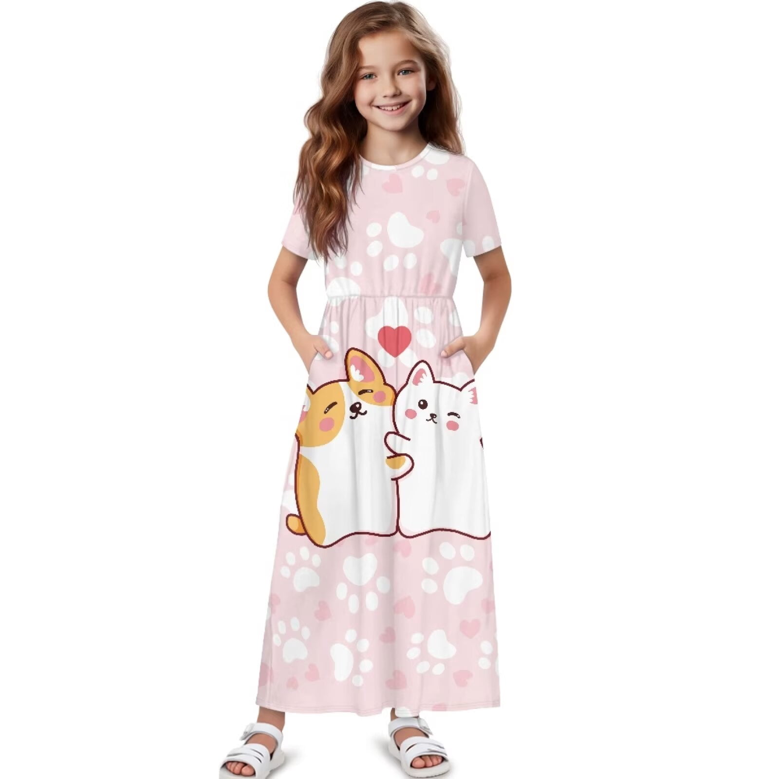 Uourmeti Cartoon Dog Kitty Print Girls Summer Short Sleeve Dress Crew Neck Loose Casual Flowy Tiered Maxi Dress with Pockets Cute Clothes, Size 5-6 Years