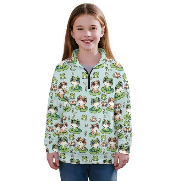 Uourmeti Cartoon Frogs Youth Girls Hoodies Half Zip Sweatshirt Pullover Sweatshirts Cozy Soft for Home House Weekend Size 11-12