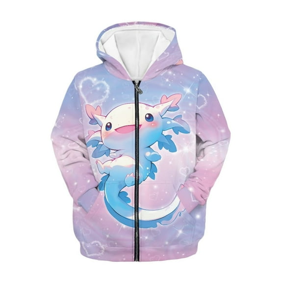 Uourmeti Cartoon Happy Axolotl Bling Stars Lightweight Zip Up Hoodie for Boys Girls Long Sleeve with Pockets Comfy Casual Fall Outerwear Size 13-14
