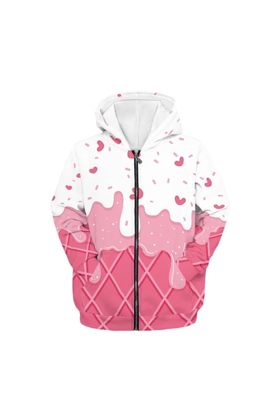 Cartoon Ice Cream Girls Casual Zip Up Hoodie Long Sleeve Lightweight with Pockets Trendy Fall Jacket Teens Size 6-9