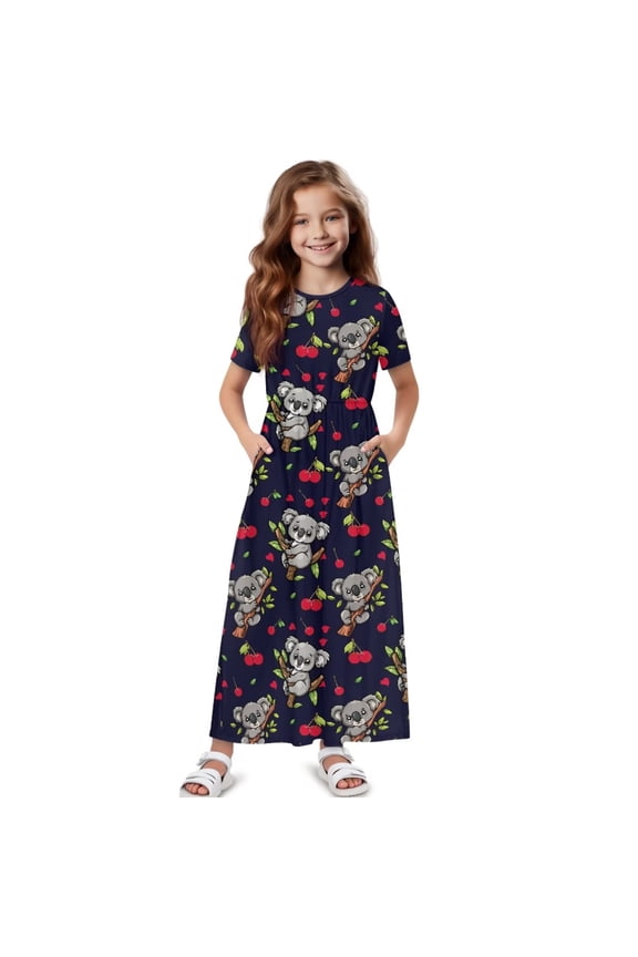 Cartoon Koala Print Girls Maxi Summer Dress with Pocket Short Sleeve Spring Boho Long Sundress Casual School for Kids, Size 9-10 Years