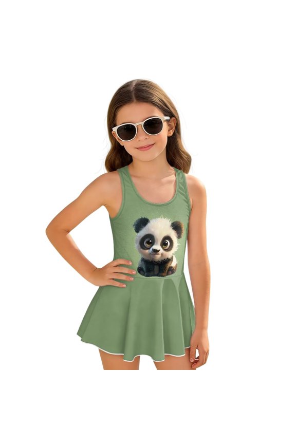 Cartoon Panda Print Girl One Piece Cartoon Cute Kawaii Pattern Swimsuit with Skirt Forest Bathing Suit with Inner Shorts Swimwear Green