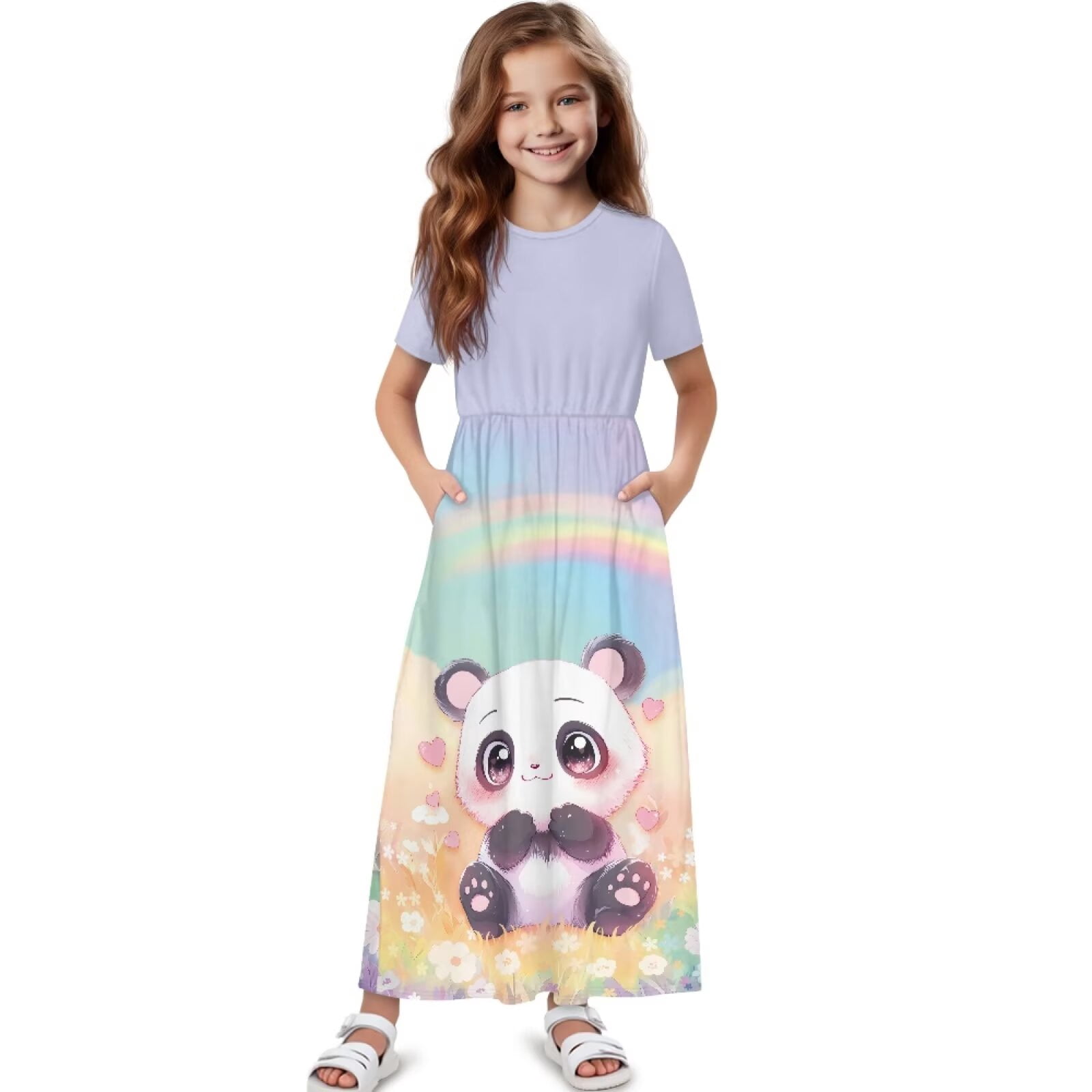 Uourmeti Cartoon Panda Rainbow Print Girls Maxi Dresses Short Sleeve Round Neck Flowy Holiday Long Dress with Pockets Cute A-Line Clothes, Size 11-12 Years
