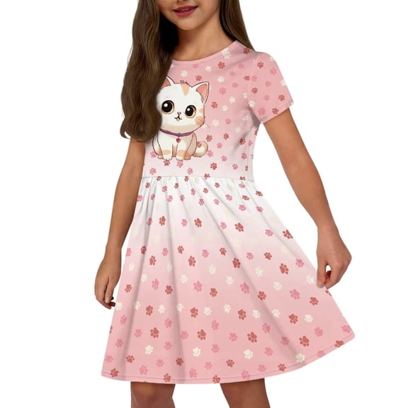 Uourmeti Cat Kids Dresses Summer Short Sleeve Crew Neck Knee-Length A-Line Dress with Pockets Cute Swing Dresses for 5-6 Years Girls