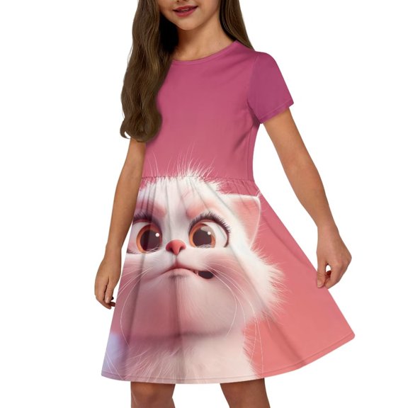 Uourmeti Cat Kids Short Sleeve Swing Dress Girls Cute Crew Neck Knee A-Line Dresses Casual Loose Sports Dress with Pockets Wedding Party Dresses