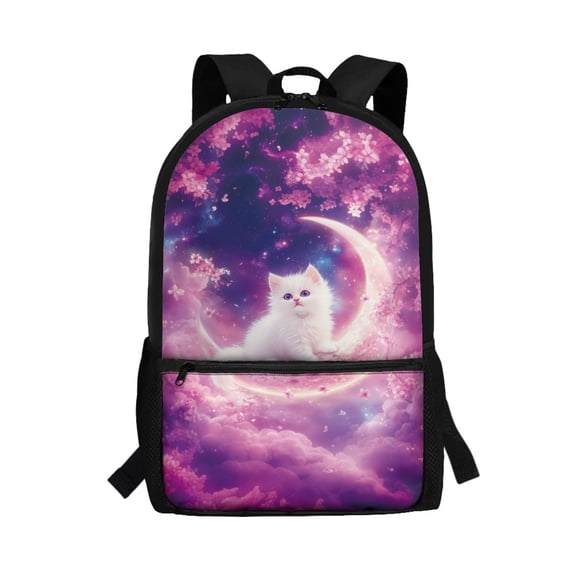 Uourmeti Cat and Moon Pattern Backpack for School Vacation, Rich Texture Durable Fabric School Backpack Smooth Zippers Student Bookbag