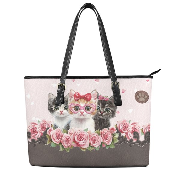 Uourmeti Cat and Rose Pattern Design Lightweight Saddle Handbag, Leather Womens Tote Handbag Zippered Tote Bag for Office Shopping