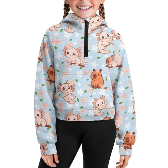 Uourmeti Cherry Blossom Axolotl Capybara Girls Half Zipper Sweatshirt kids Half Zipper Sweatshirts with Pocket kids Half Zipper Sweatshirt kid Half Zipper Sweatshirt Size 11-12