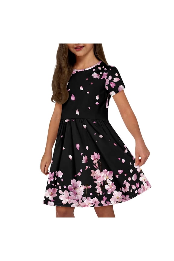 Cherry Blossom Kids Short Sleeve Dresses Little Girls Summer Crewneck Midi Dress Casual Loose Swing Dresses for Travel Party School