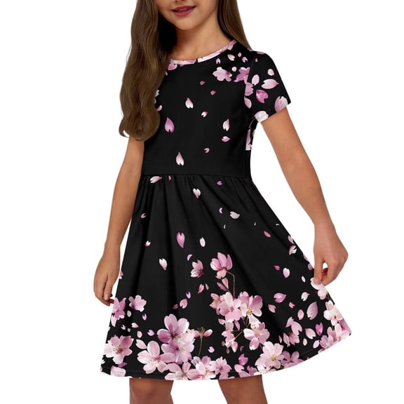 Uourmeti Cherry Blossom Kids Short Sleeve Dresses Teen Girls Summer Crewneck Midi Dress Casual Loose Swing Dresses for Travel Party School