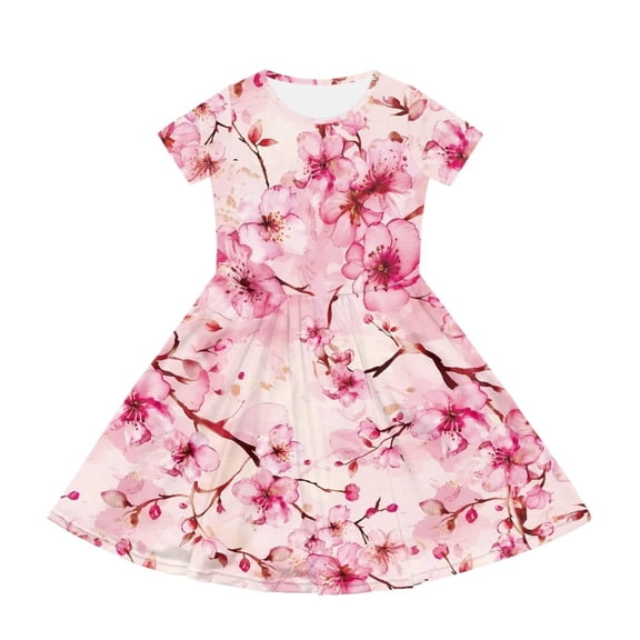 Uourmeti Cherry Blossom Sundress for Girls 5-6Y Summer Short Sleeve Swing Dresses Casual Soft Crew Neck Midi Wedding Party Dress with Pockets