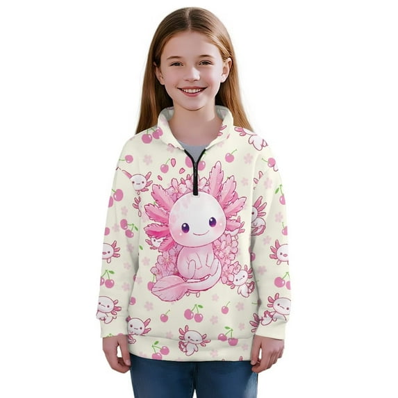 Uourmeti Cherry Cartoon Axolotl Print Zipper Neck Sweatshirt for Girls Teens Half Zip Pullover Sweatshirts Fall Winter Trendy Comfy Casual Athletic Wear 5-14 T Size 5-6
