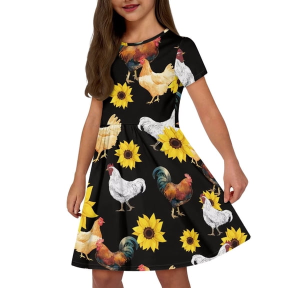 Uourmeti Chicken Girls Short Sleeve Swing Dress Summer Casual Crew Neck Midi Sunflowers Lightweight Soft Beach Dresses with Pockets 2-14Y