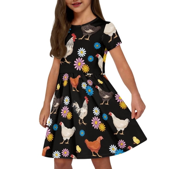 Uourmeti Chicken Short Sleeve Dress for Girls 2-14Y Summer Crew Neck Party Dresses Hippie Flower Casual Swing Dress with Pockets Trendy Knee Length A-line Dresses