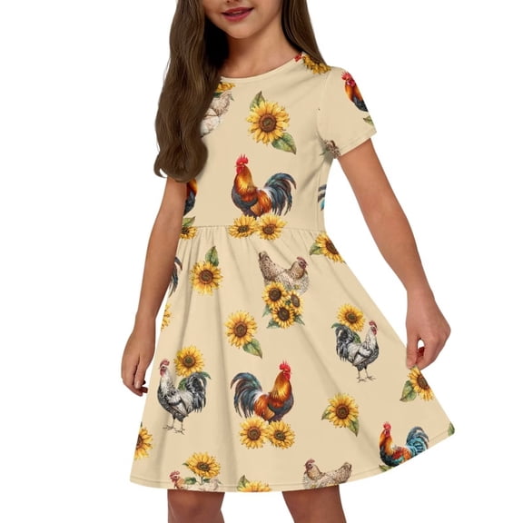 Uourmeti Chicken Short Sleeve Swing Dress Girls Summer Casual O Neck Midi Sunflowers Lightweight Soft Knee A-Line Dresses with Pockets