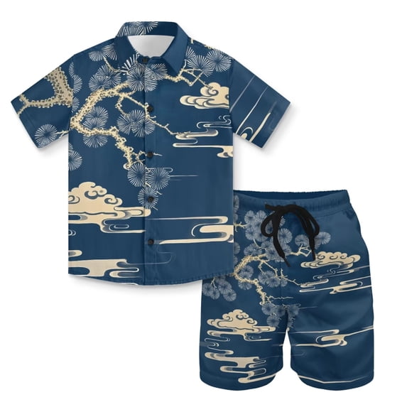 Uourmeti Chinese Style Print Boy's Summer Beach Outfits Quick Dry Button Down Tropical Shirt Blouse and Shorts Set 2026 Hawaiian Outfit for Kids Size 4 Year