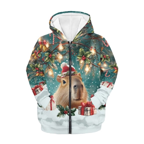 Uourmeti Christmas Bells Capybara Gifts Teens Lightweight Hooded Jacket Long Sleeve Comfy with Pockets Casual Loose Sweatshirt Girls Size 10-12