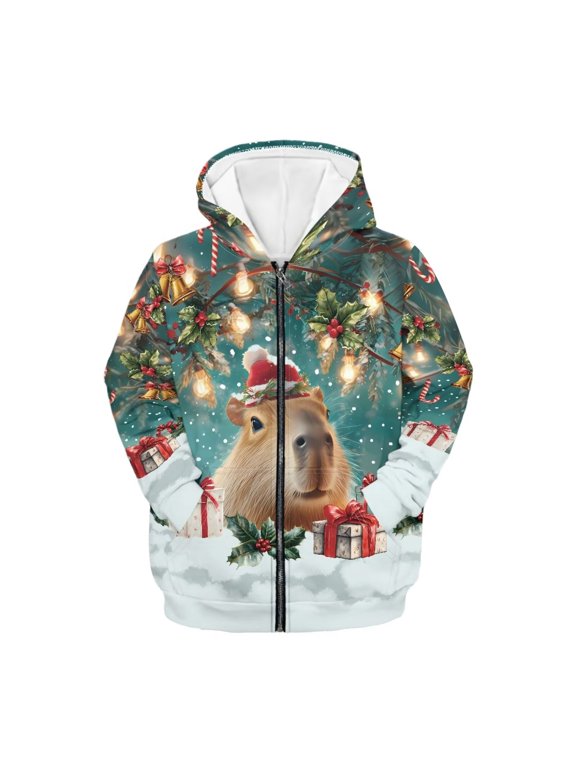 Christmas Bells Capybara Gifts Teens Lightweight Hooded Jacket Long Sleeve Comfy with Pockets Casual Loose Sweatshirt Girls Size 6-9