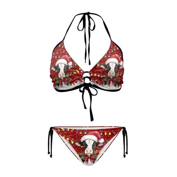Uourmeti Christmas Cow Print Halter Triangle Bikini Set Sexy Tie Side Two Piece Swimsuit for Beach & Pool Holiday Vacations