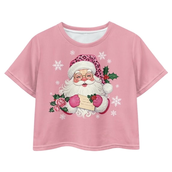 Uourmeti Christmas Santa Claus-Pink Crop Top for Girls Cute Loose Sports Pullover Lightweight Soft Crewneck Short Sleeve T-Shirt