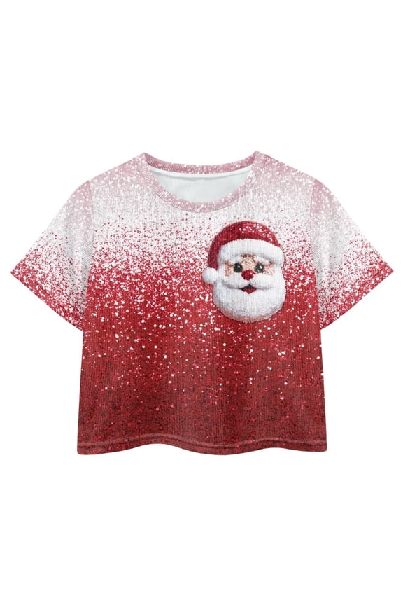 Christmas Santa Claus Print Summer Crop Tops Girls Short Crew Neck Pullover Casual Loose Athletic Short Sleeve T-Shirt