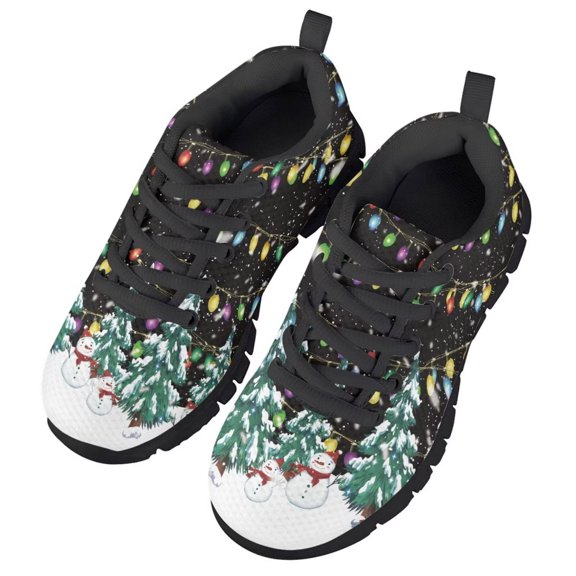 Uourmeti Christmas Santa Claus Shoes for Kids Lace up Sneakers Size 2.5 Mesh Athletic Sports Shoes with Green Lights Tree Print Tennis Running Shoes Breathable Trainer