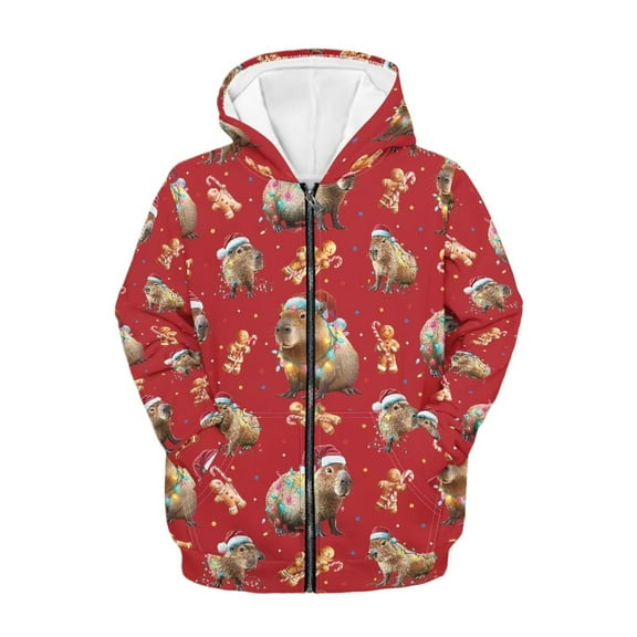 Uourmeti Christmas Theme Capyabra Girls Casual Zip Up Hoodie Long Sleeve Lightweight with Pockets Trendy Fall Jacket Teens Size 13-14