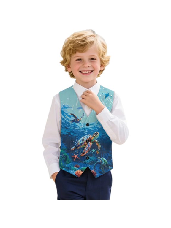 Classic Boys Elegant Suit Vest for Holiday Holiday Party Polyester Fabric Adjustable Back Formal Suit Vest, Turtle Pattern