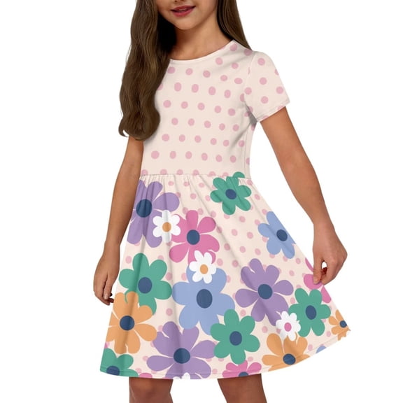 Uourmeti Colorful Flower Girls Dresses Cute Short Sleeve Swing Dress Summer Soft O Neck Midi Dresses with Pockets for Travel Party School