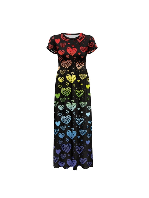 Colorful Heart Pattern Short Sleeve Maxi Dress, Quick Dry Flowy Women Short Sleeve Maxi Dress Loose Fit Casual Maxi Dress for Travel Holiday
