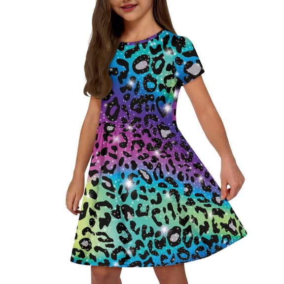 Uourmeti Colorful Leopard Print Kids Dresses for Girls 3-4T Summer Short Sleeve Swing Dress Lightweight Soft Crewneck Knee Length A-Line Dress Mid-Length Dresses with Pockets